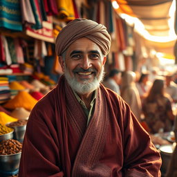 A portrait of Mustapha, a middle-aged man with a warm smile, wearing a traditional North African robe and a turban