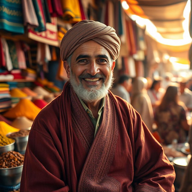 A portrait of Mustapha, a middle-aged man with a warm smile, wearing a traditional North African robe and a turban