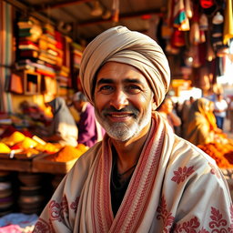 A portrait of Mustapha, a middle-aged man with a warm smile, wearing a traditional North African robe and a turban
