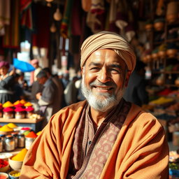A portrait of Mustapha, a middle-aged man with a warm smile, wearing a traditional North African robe and a turban