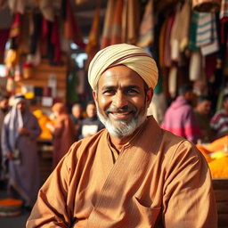 A portrait of Mustapha, a middle-aged man with a warm smile, wearing a traditional North African robe and a turban
