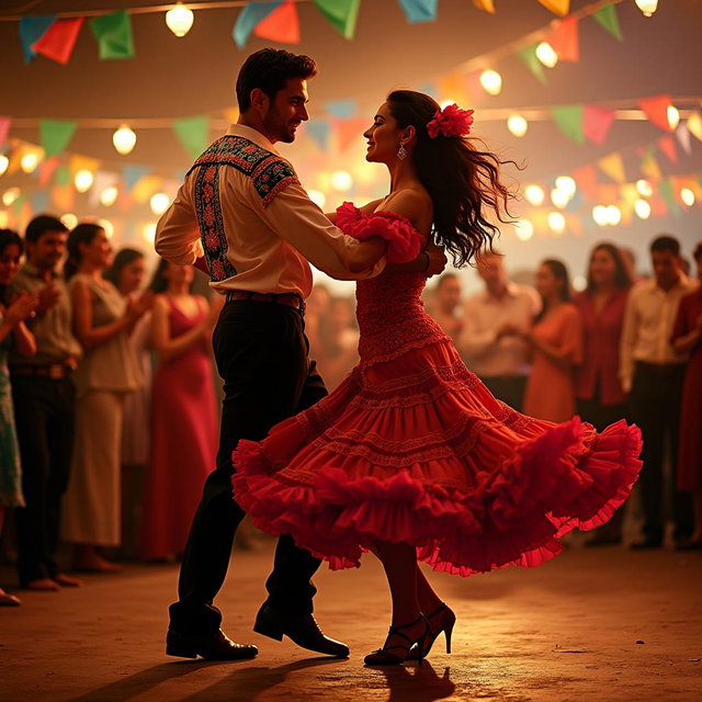A vibrant scene capturing a passionate Latino dance performance, featuring a couple in traditional attire