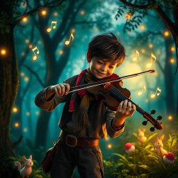 A young musician passionately playing a violin, surrounded by an enchanting forest at twilight