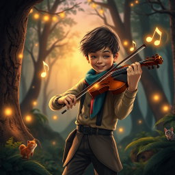 A young musician passionately playing a violin, surrounded by an enchanting forest at twilight