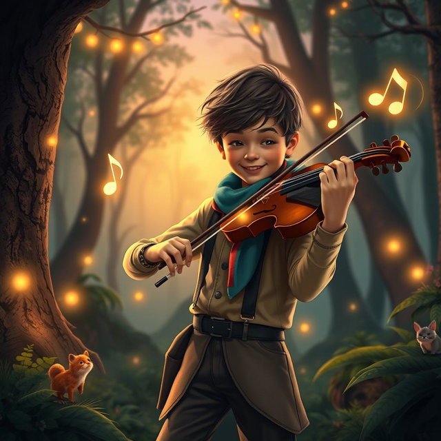 A young musician passionately playing a violin, surrounded by an enchanting forest at twilight