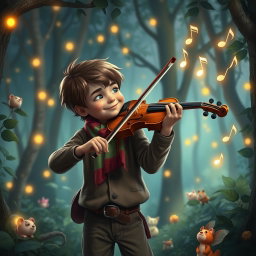 A young musician passionately playing a violin, surrounded by an enchanting forest at twilight