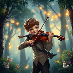 A young musician passionately playing a violin, surrounded by an enchanting forest at twilight