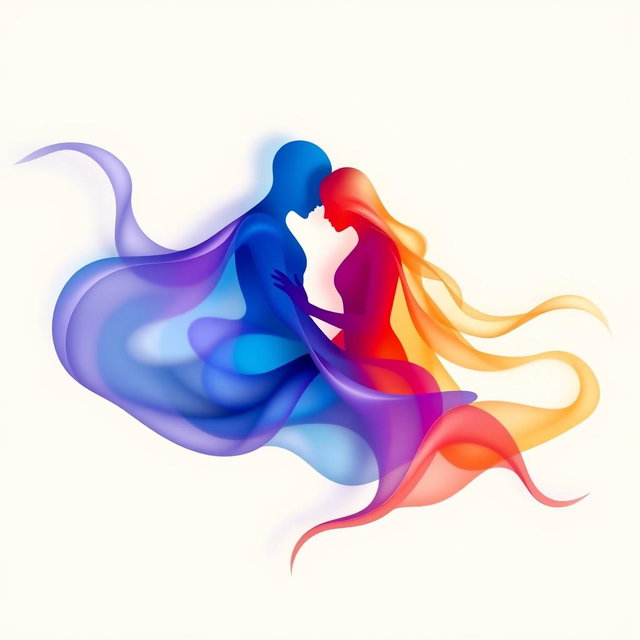 An abstract representation of two souls interlinked, depicted as colorful, flowing shadows that seamlessly blend into each other