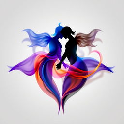 An abstract representation of two souls interlinked, depicted as colorful, flowing shadows that seamlessly blend into each other