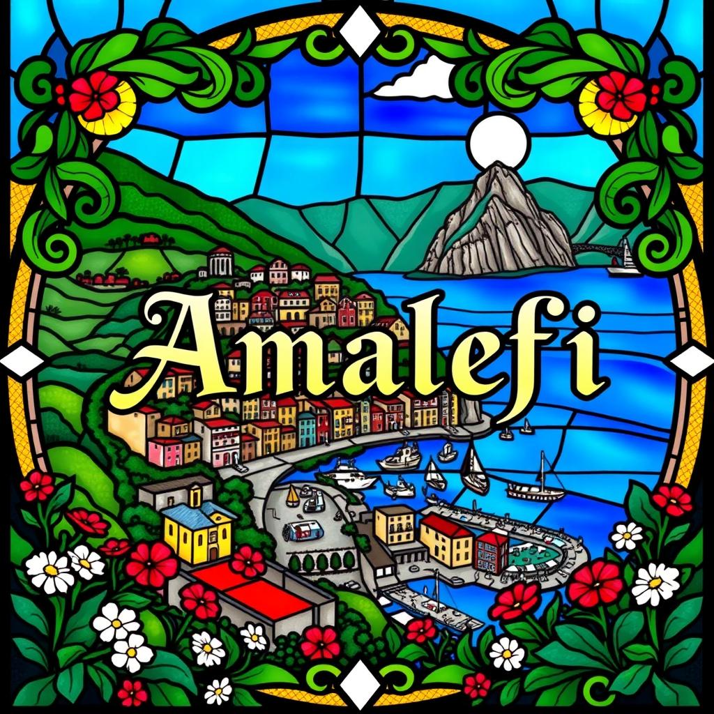 A beautiful stained glass window (vitrail) design featuring the name 'Amalfi' in bold, ornate letters prominently in the center