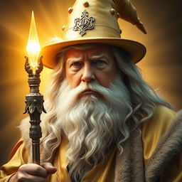 A majestic and inspiring portrait of Donald Trump envisioned as a dignified, powerful, bearded wizard, dressed in elegant gold robes and a whimsical wizard hat, resembling Gandalf the White