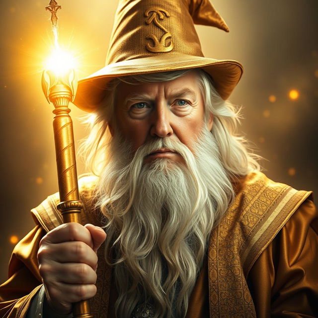A majestic and inspiring portrait of Donald Trump envisioned as a dignified, powerful, bearded wizard, dressed in elegant gold robes and a whimsical wizard hat, resembling Gandalf the White
