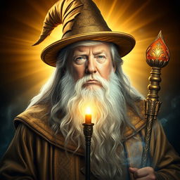 A majestic and inspiring portrait of Donald Trump envisioned as a dignified, powerful, bearded wizard, dressed in elegant gold robes and a whimsical wizard hat, resembling Gandalf the White