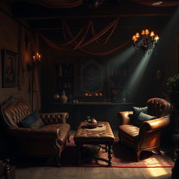 An artistic representation focusing on the aesthetic elements of BDSM, showcasing a beautifully designed dungeon with plush furnishings and soft lighting