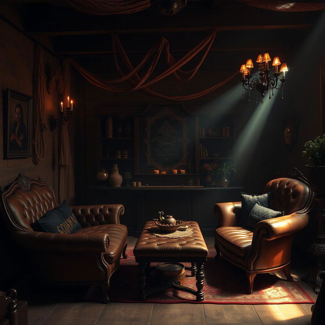 An artistic representation focusing on the aesthetic elements of BDSM, showcasing a beautifully designed dungeon with plush furnishings and soft lighting