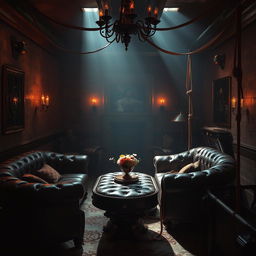 An artistic representation focusing on the aesthetic elements of BDSM, showcasing a beautifully designed dungeon with plush furnishings and soft lighting