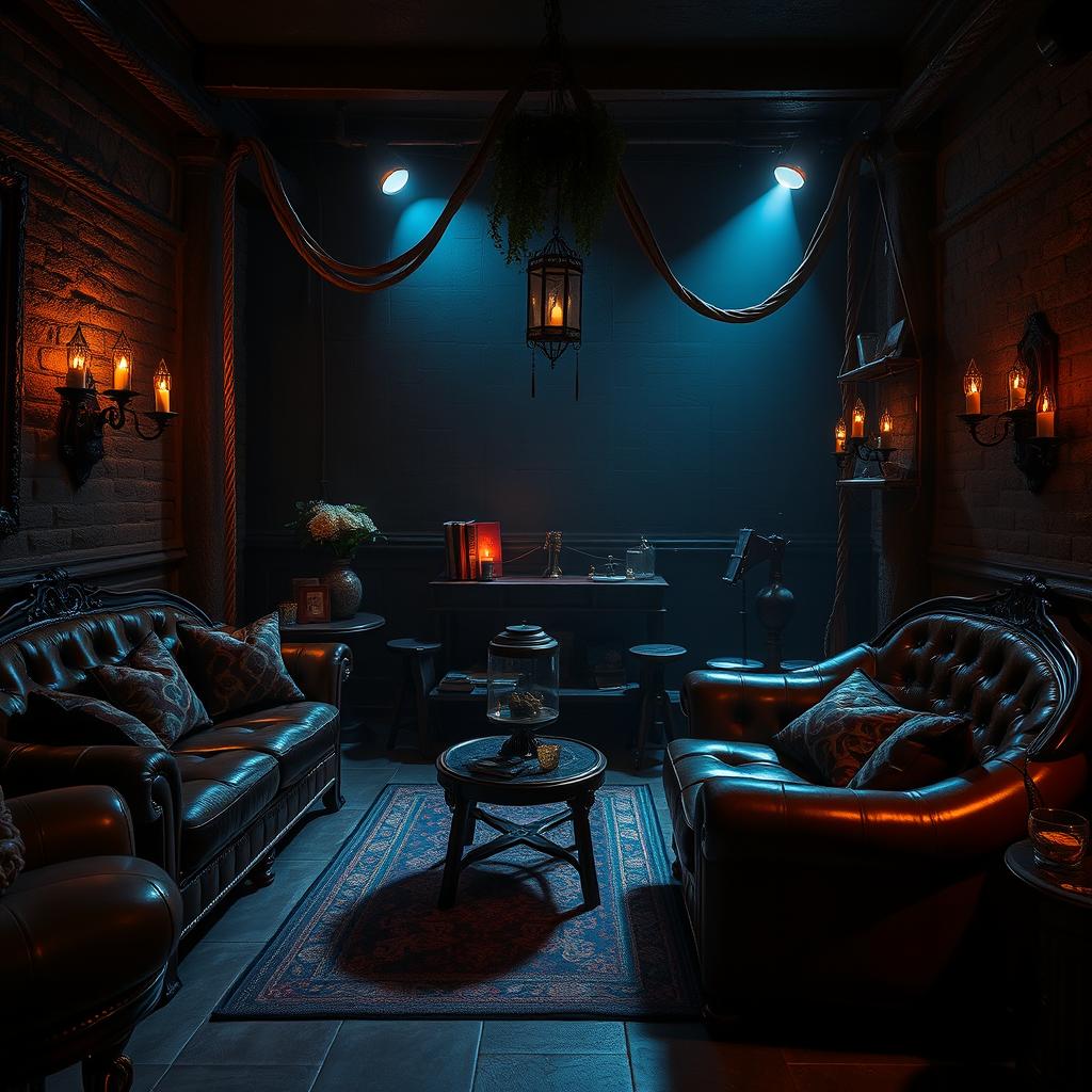An artistic representation focusing on the aesthetic elements of BDSM, showcasing a beautifully designed dungeon with plush furnishings and soft lighting