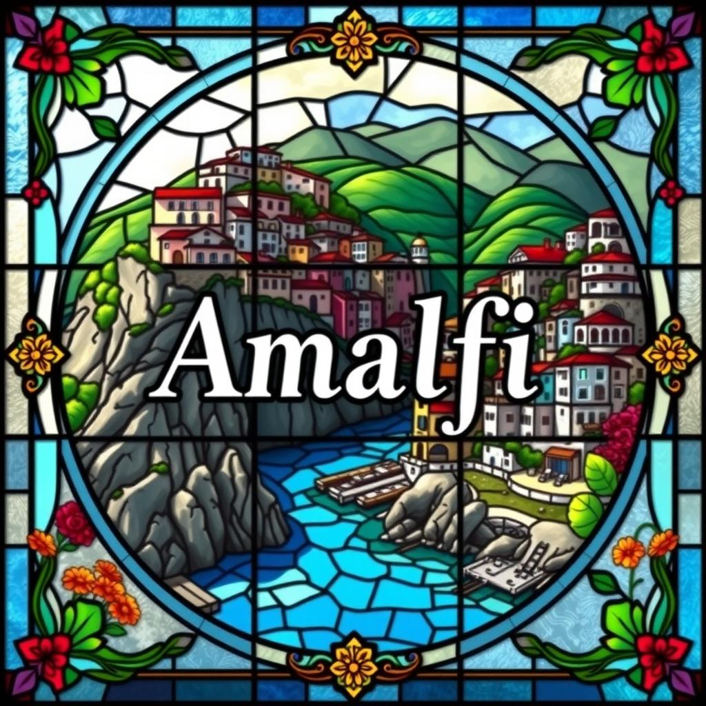 A stunning stained glass window design featuring the name 'Amalfi' prominently in the center in bold letters
