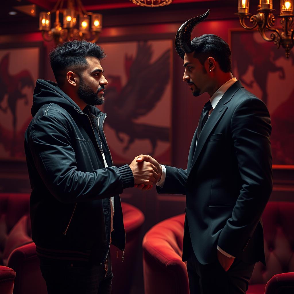 A striking and dramatic scene depicting Reza Pishro, a charismatic Persian rapper, engaged in a handshake with Lucifer Morningstar, an elegantly dressed character inspired by TV show aesthetics, exuding confidence and charm