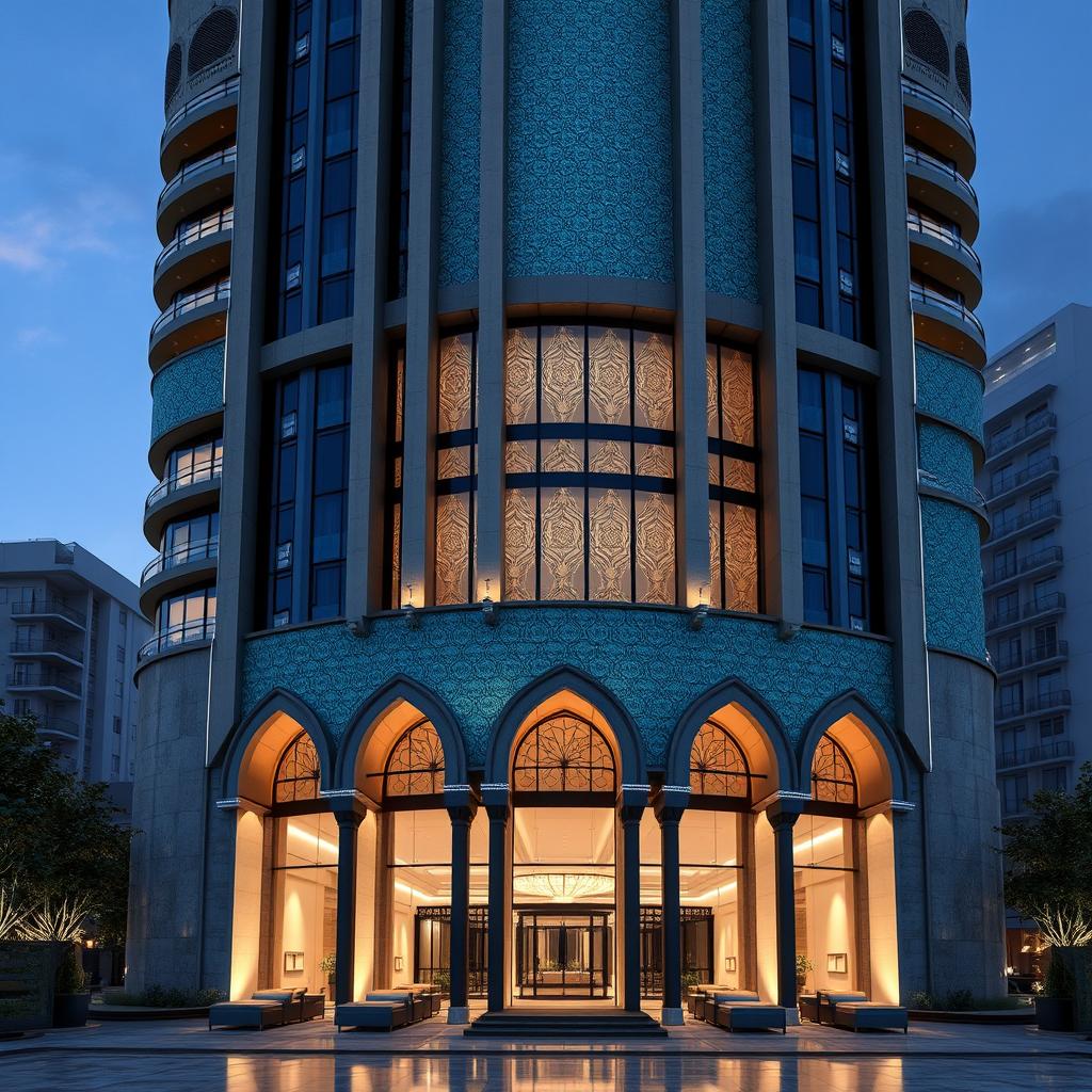 A 3D rendering of a 30-story residential tower designed in a postmodern style, featuring a blend of curved and straight lines with traditional Iranian architecture, located in the heart of Tehran