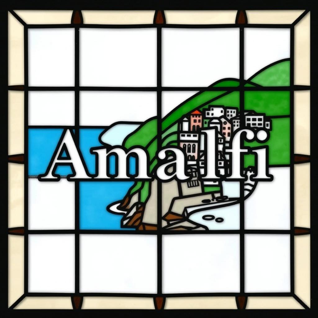 A simple yet elegant stained glass pattern featuring the name 'Amalfi' prominently in the middle in bold letters