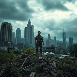 A dramatic post-apocalyptic landscape, showcasing a once-bustling city in ruins, overgrown with vegetation