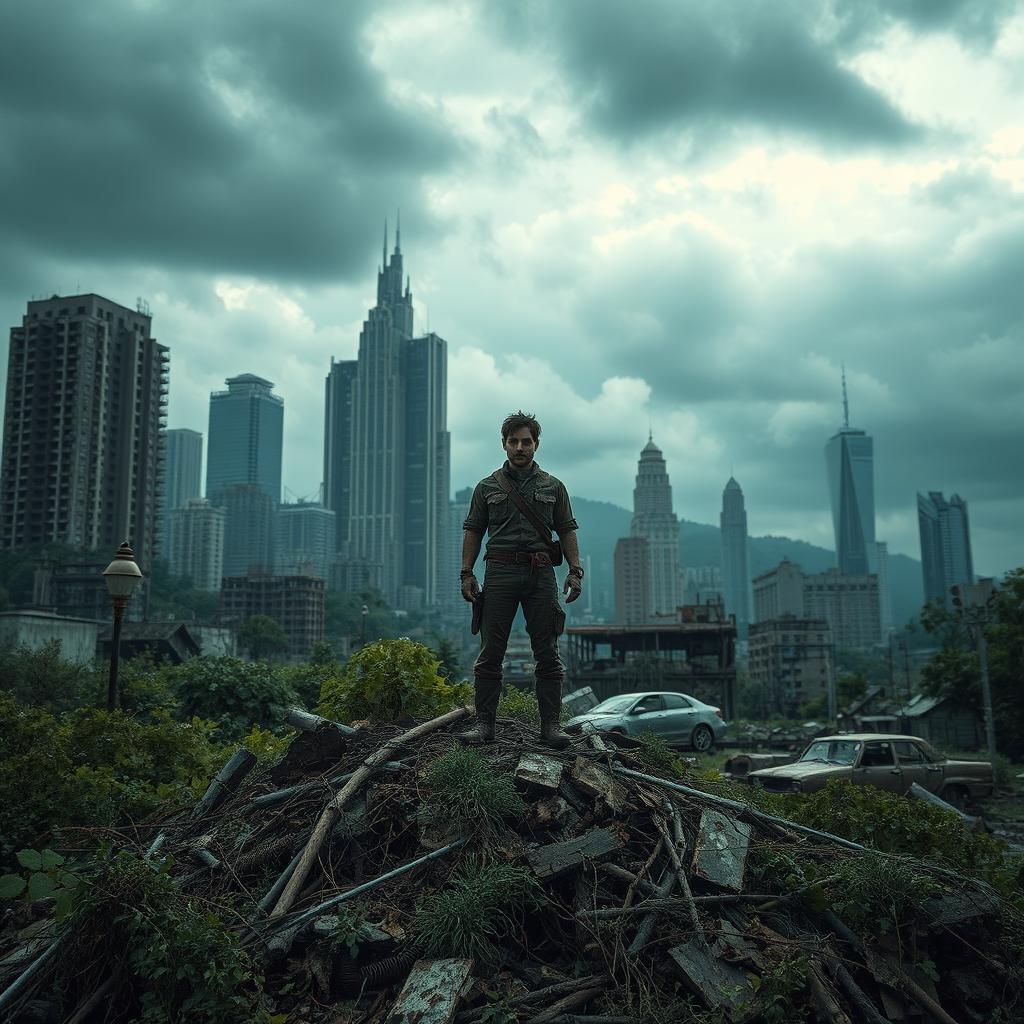 A dramatic post-apocalyptic landscape, showcasing a once-bustling city in ruins, overgrown with vegetation