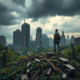 A dramatic post-apocalyptic landscape, showcasing a once-bustling city in ruins, overgrown with vegetation