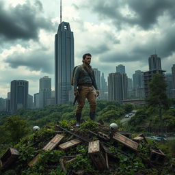 A dramatic post-apocalyptic landscape, showcasing a once-bustling city in ruins, overgrown with vegetation