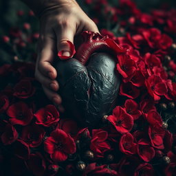 A dark heart surrounded by a profusion of bloody flowers, with a hand attempting to crush the heart