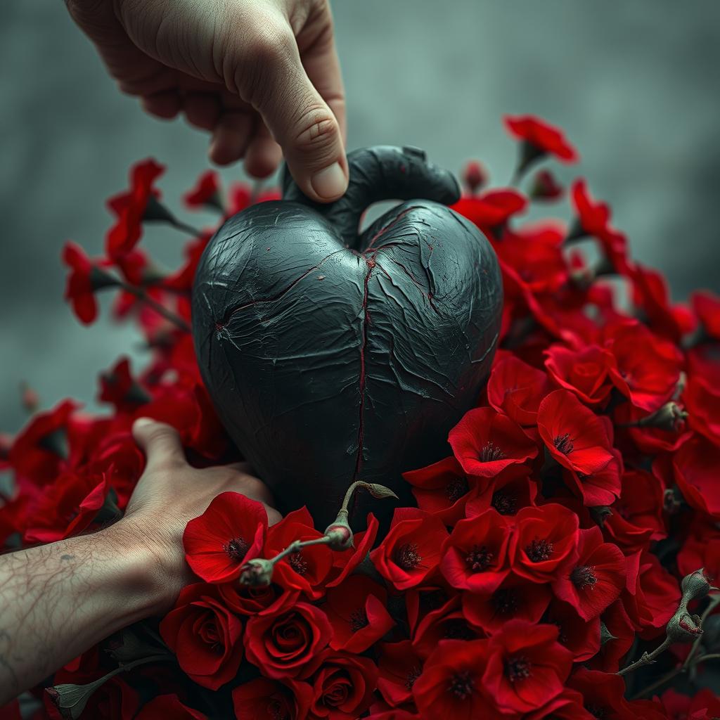 A dark heart surrounded by a profusion of bloody flowers, with a hand attempting to crush the heart
