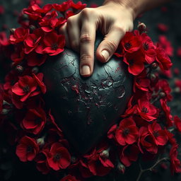 A dark heart surrounded by a profusion of bloody flowers, with a hand attempting to crush the heart