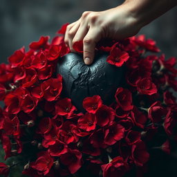 A dark heart surrounded by a profusion of bloody flowers, with a hand attempting to crush the heart