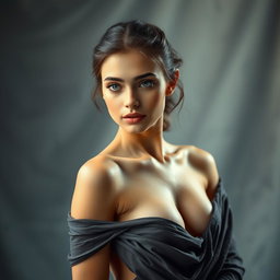 A beautifully captivating 18-year-old woman, depicted in an artistic and elegant semi-nude pose, showcasing her natural beauty and elegance