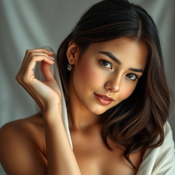 A beautifully captivating 18-year-old woman, depicted in an artistic and elegant semi-nude pose, showcasing her natural beauty and elegance