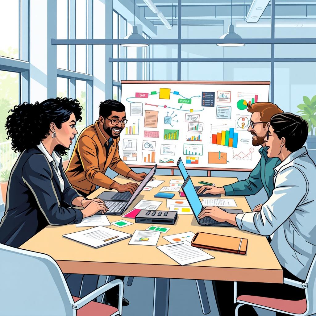 A dynamic illustration of teamwork in a vibrant work environment