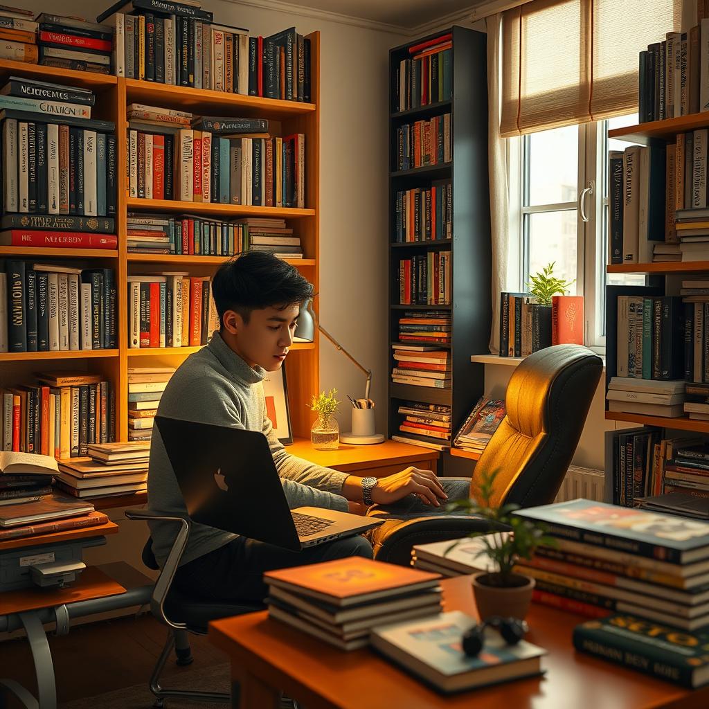 A young man named Simón in his cozy room, surrounded by many business books on shelves and scattered around