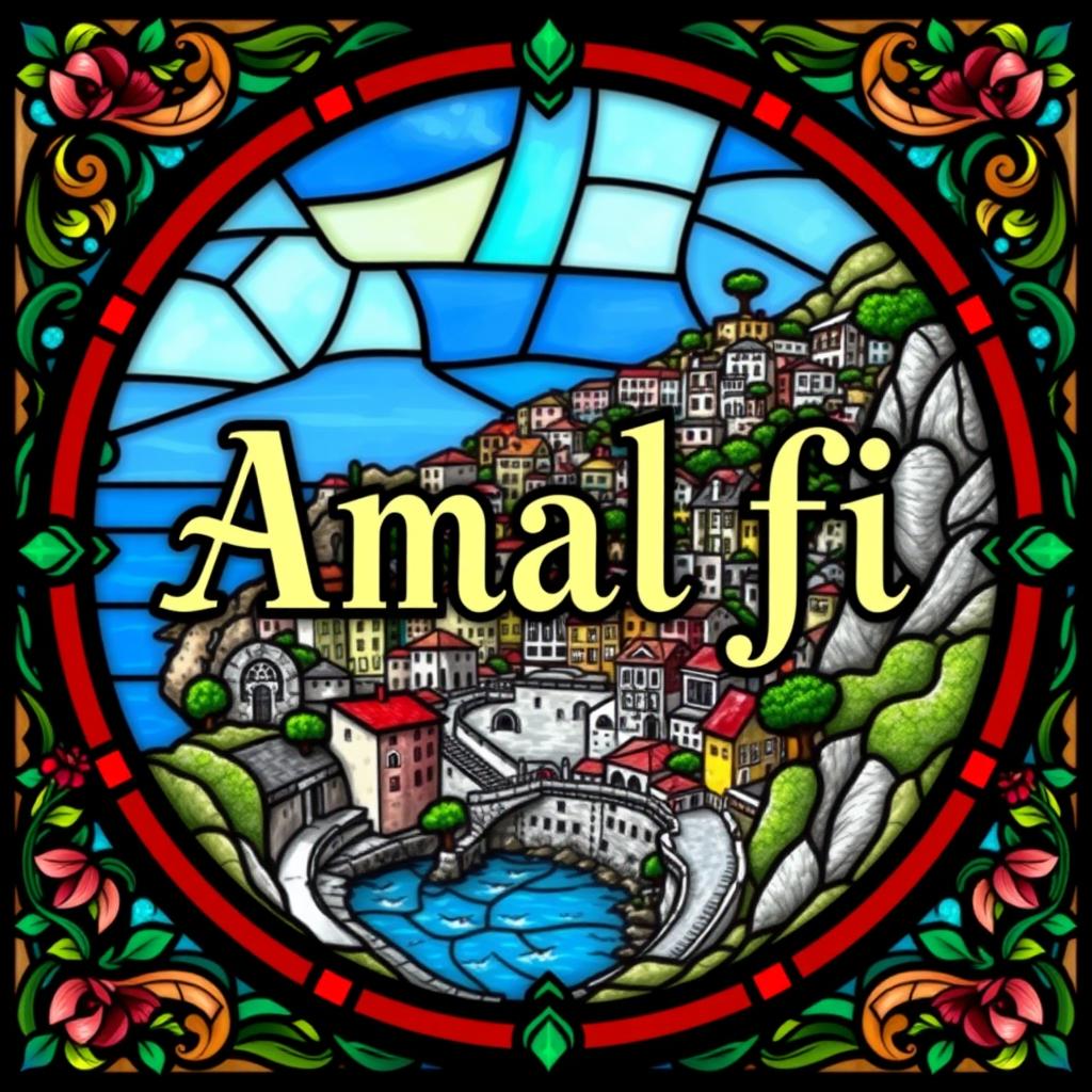 A beautiful stained glass design featuring the name 'Amalfi' highlighted in the center in bold, elegant letters