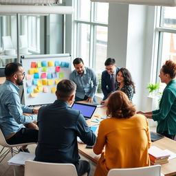 A diverse group of individuals working together in an office space, collaborating on a project