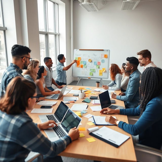 A diverse group of individuals working together in an office space, collaborating on a project