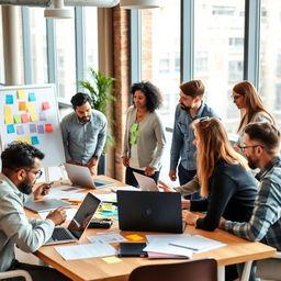 A diverse group of individuals working together in an office space, collaborating on a project