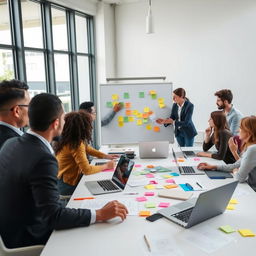 A diverse group of individuals working together in an office space, collaborating on a project