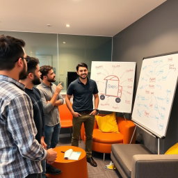 In a lively meeting setting, Simón and his friends/co-founders are animatedly discussing the innovative idea of Rappi