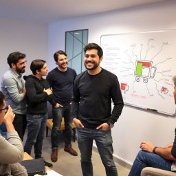 In a lively meeting setting, Simón and his friends/co-founders are animatedly discussing the innovative idea of Rappi