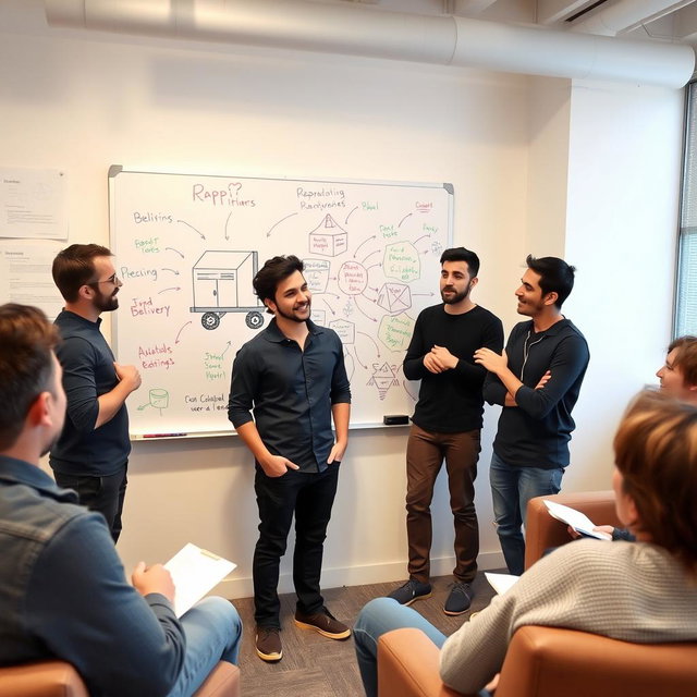 In a lively meeting setting, Simón and his friends/co-founders are animatedly discussing the innovative idea of Rappi