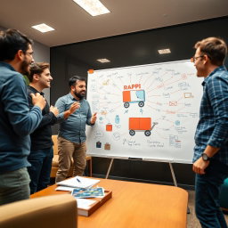 In a lively meeting setting, Simón and his friends/co-founders are animatedly discussing the innovative idea of Rappi