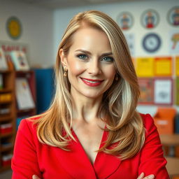 A sexy Russian woman teacher aged 45-50 with long, elegantly styled hair, showcasing a contemporary and fashionable hairstyle