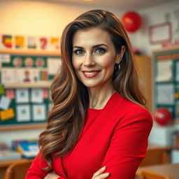 A sexy Russian woman teacher aged 45-50 with long, elegantly styled hair, showcasing a contemporary and fashionable hairstyle