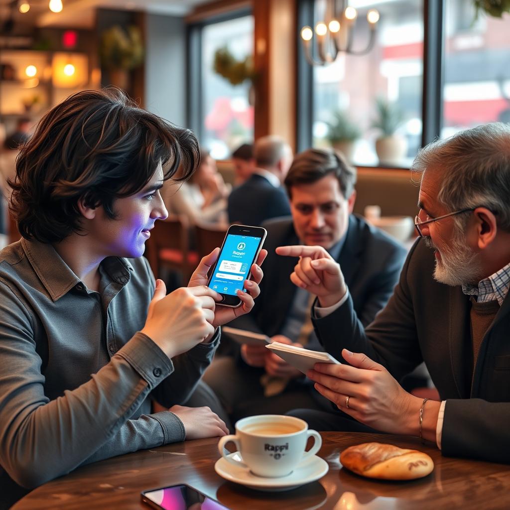 Simón, a young entrepreneur, sitting in a trendy café, engaging with potential investors