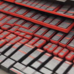 A wide metal shelf lined with rows of new, shiny car batteries. The batteries are neatly arranged by size and type, each tagged with its specifications.